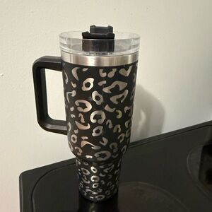 Black and Silver Leopard Print Travel Tumbler with Handle